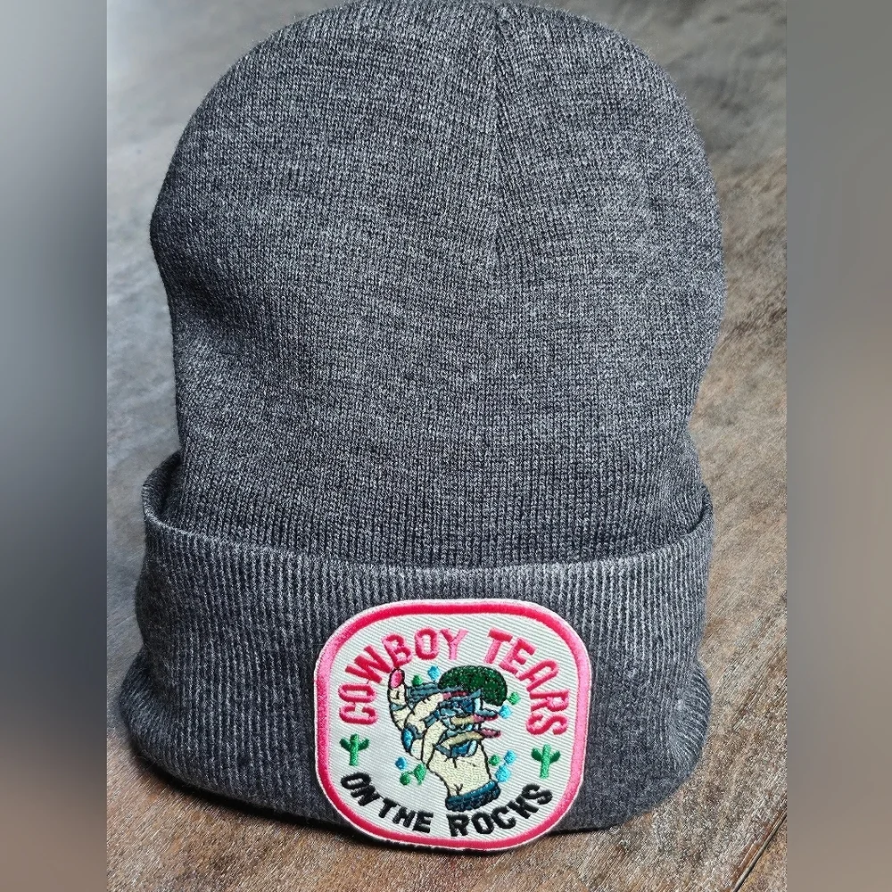 NWT Grey Soft Knit Beanie With Embroidered Patch